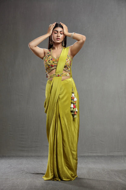 Green Embroidered Crepe Saree with Stitched Blouse