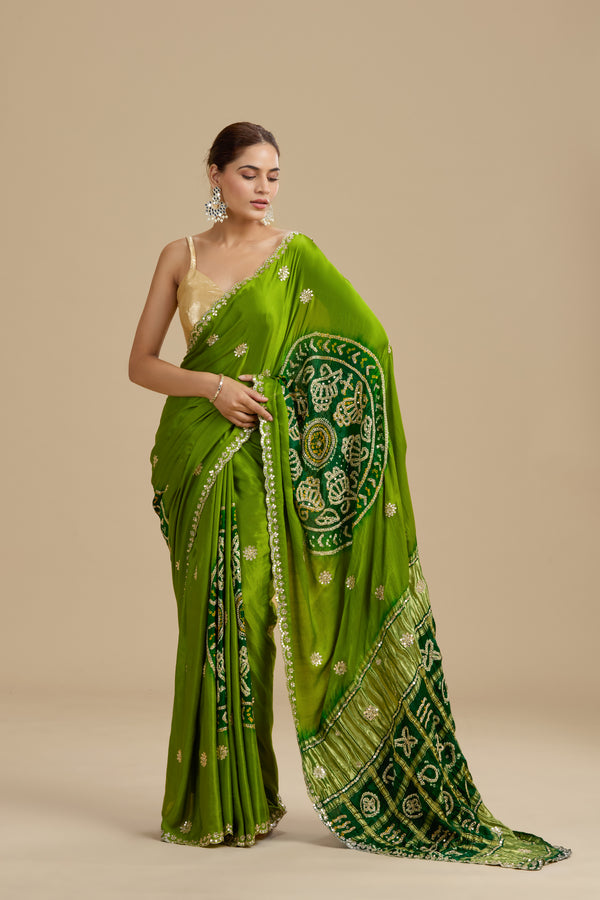 Green Bandhej Gajji Silk Saree with Unstitched Blouse