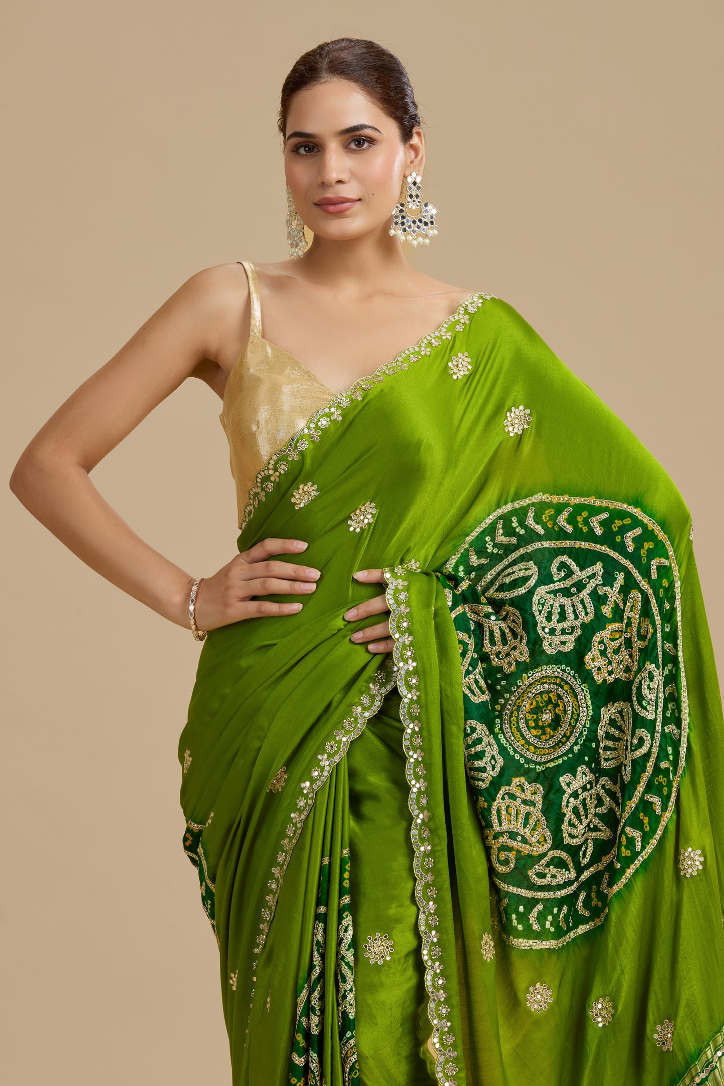 Green Bandhej Gajji Silk Saree with Unstitched Blouse