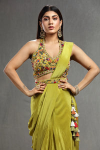 Green Embroidered Crepe Saree with Stitched Blouse
