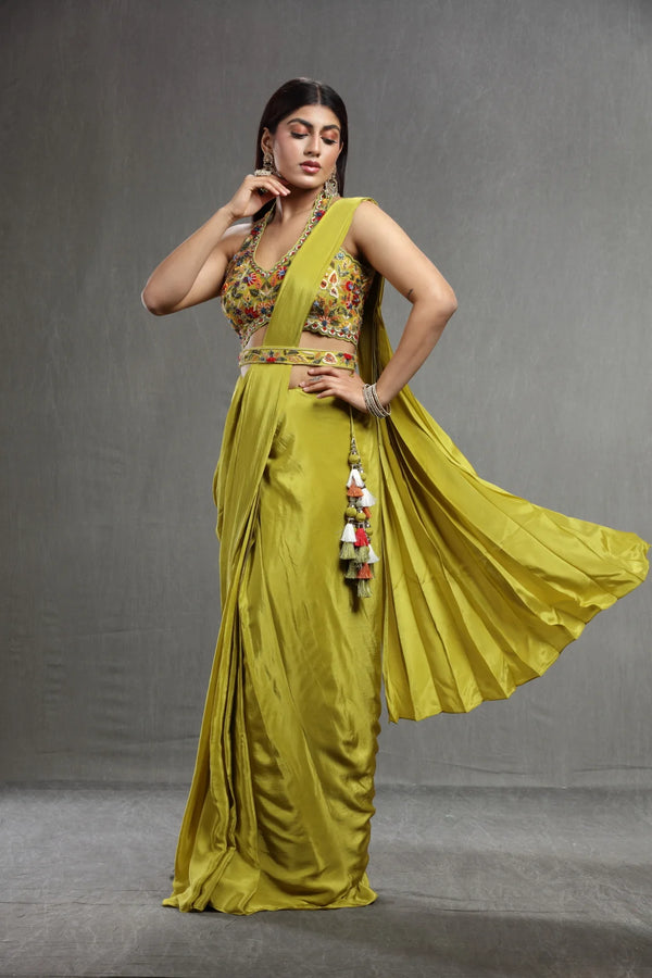 Green Embroidered Crepe Saree with Stitched Blouse