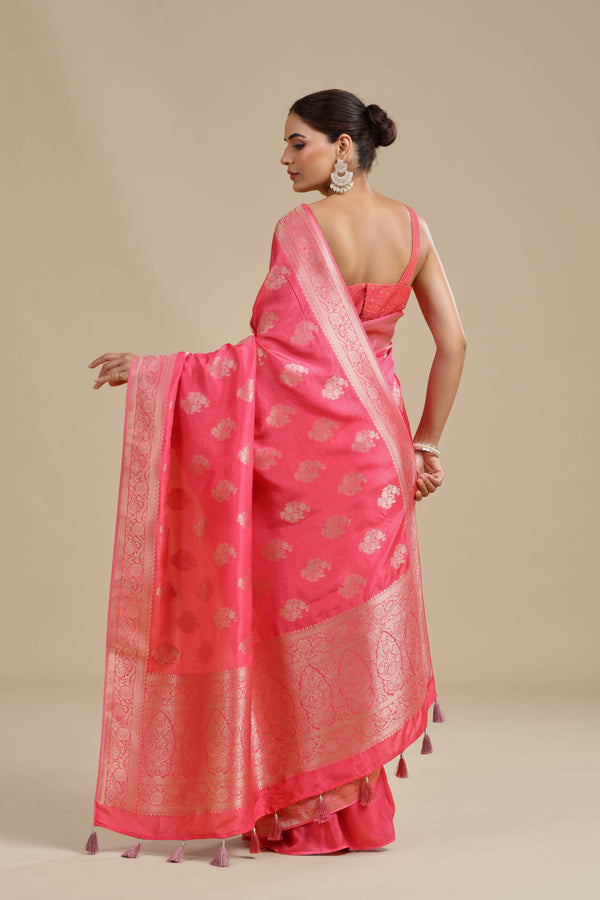 Peach Pink Dola Silk Saree with Unstitched Blouse