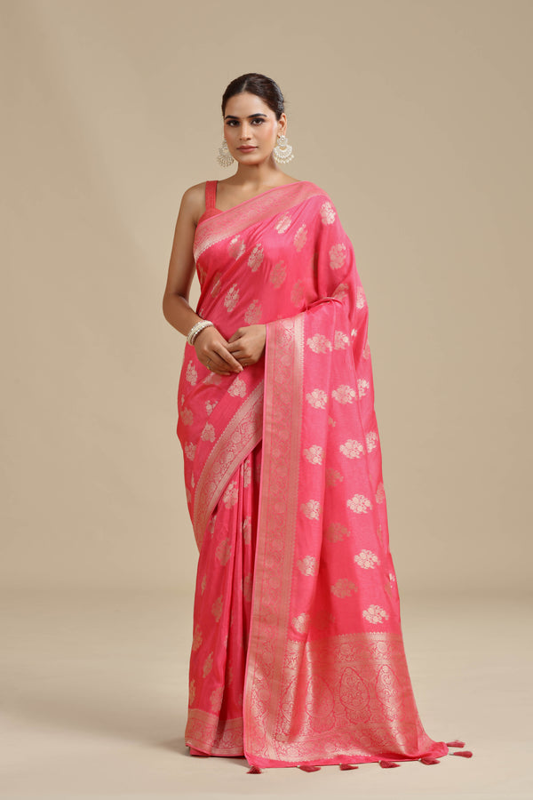 Peach Pink Dola Silk Saree with Unstitched Blouse