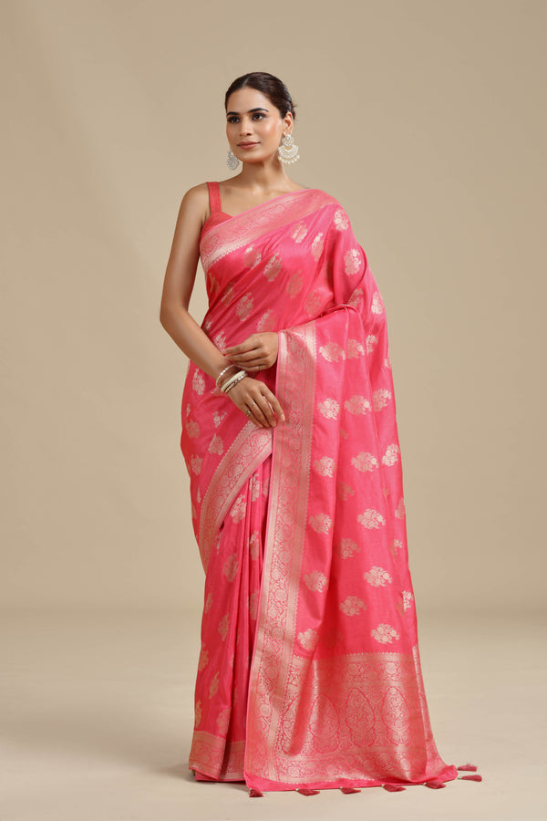 Peach Pink Dola Silk Saree with Unstitched Blouse