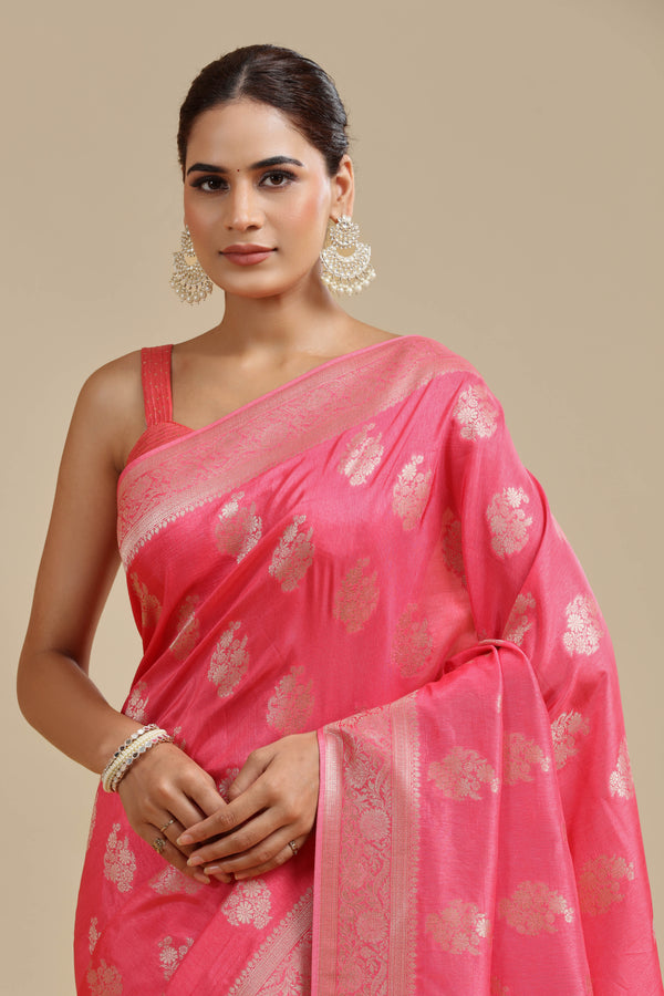 Peach Pink Dola Silk Saree with Unstitched Blouse