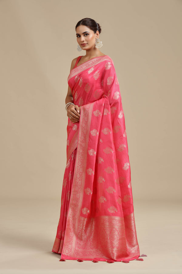 Peach Pink Dola Silk Saree with Unstitched Blouse