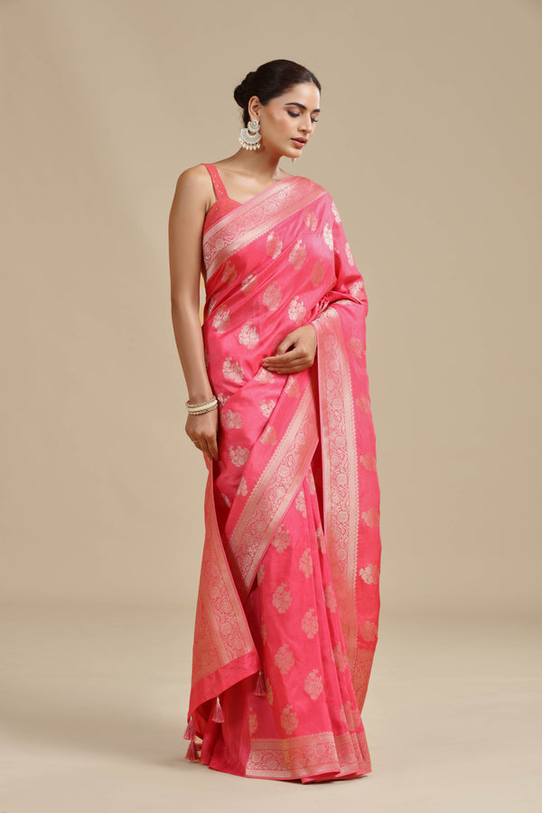 Peach Pink Dola Silk Saree with Unstitched Blouse