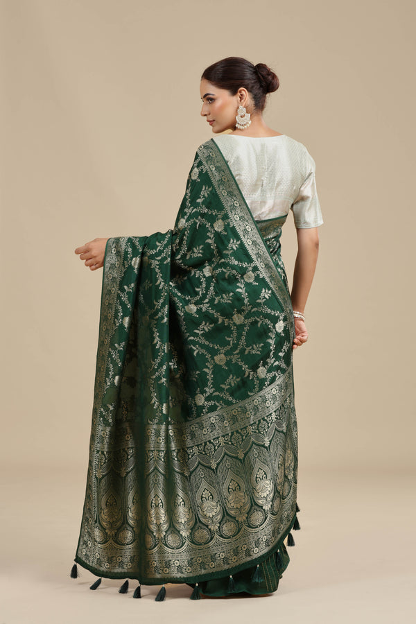 Bottle Green Dola Silk Saree with Unstitched Blouse