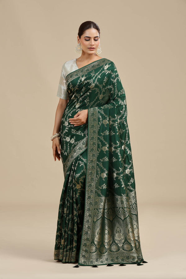Bottle Green Dola Silk Saree with Unstitched Blouse