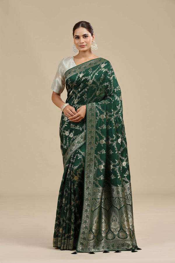Bottle Green Dola Silk Saree with Unstitched Blouse