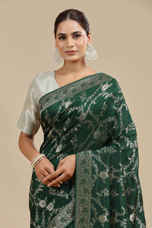 Bottle Green Dola Silk Saree with Unstitched Blouse