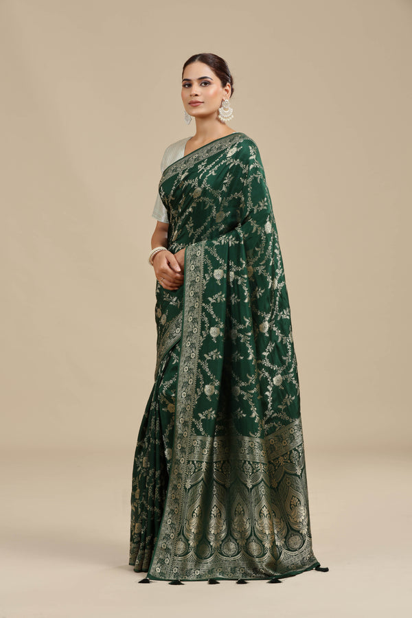 Bottle Green Dola Silk Saree with Unstitched Blouse