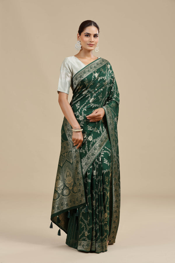 Bottle Green Dola Silk Saree with Unstitched Blouse