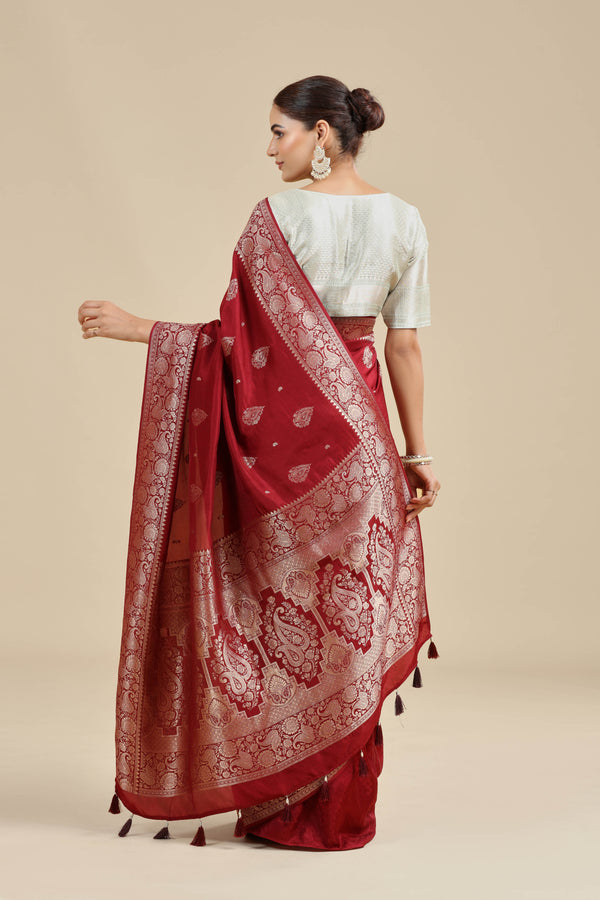 Maroon Dola Silk Saree with Unstitched Blouse