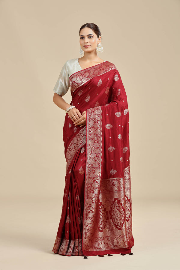 Maroon Dola Silk Saree with Unstitched Blouse