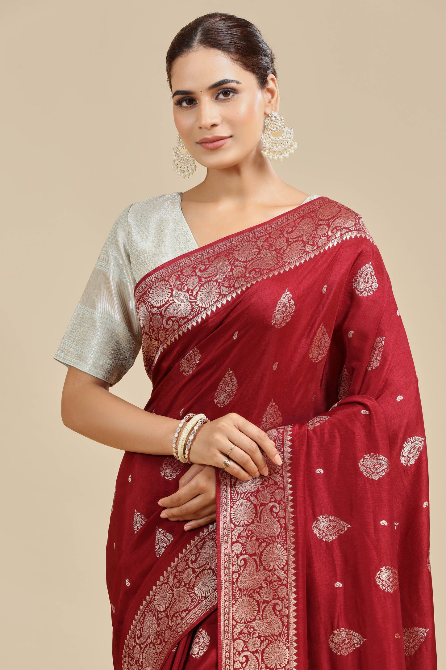 Maroon Dola Silk Saree with Unstitched Blouse