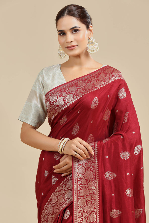 Maroon Dola Silk Saree with Unstitched Blouse