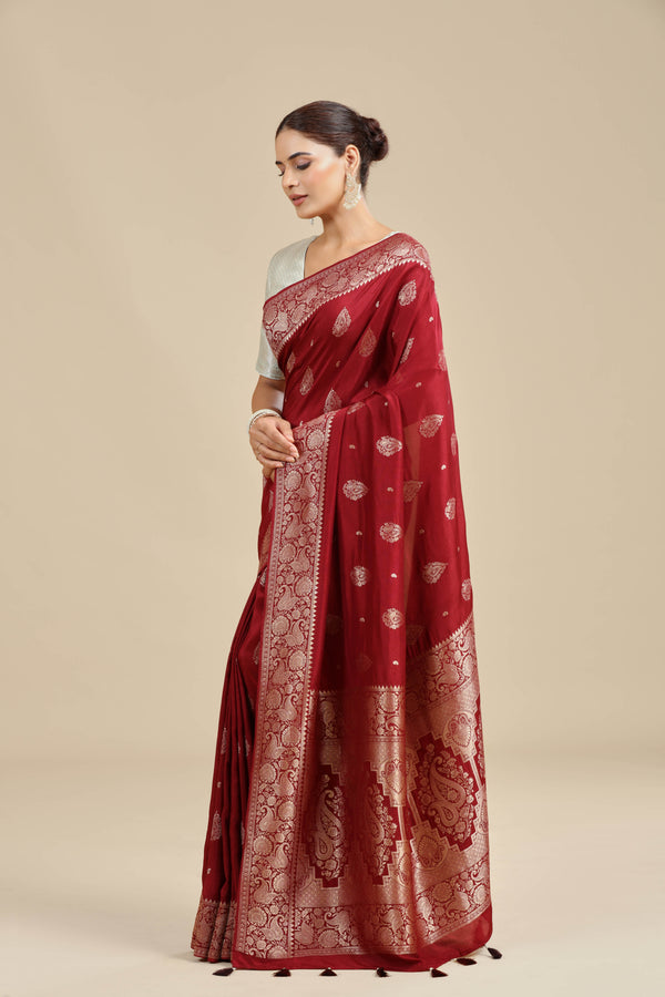 Maroon Dola Silk Saree with Unstitched Blouse
