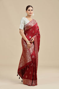 Maroon Dola Silk Saree with Unstitched Blouse