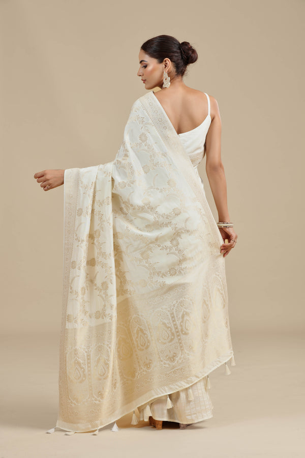 Ivory Dola Silk Saree with Unstitched Blouse