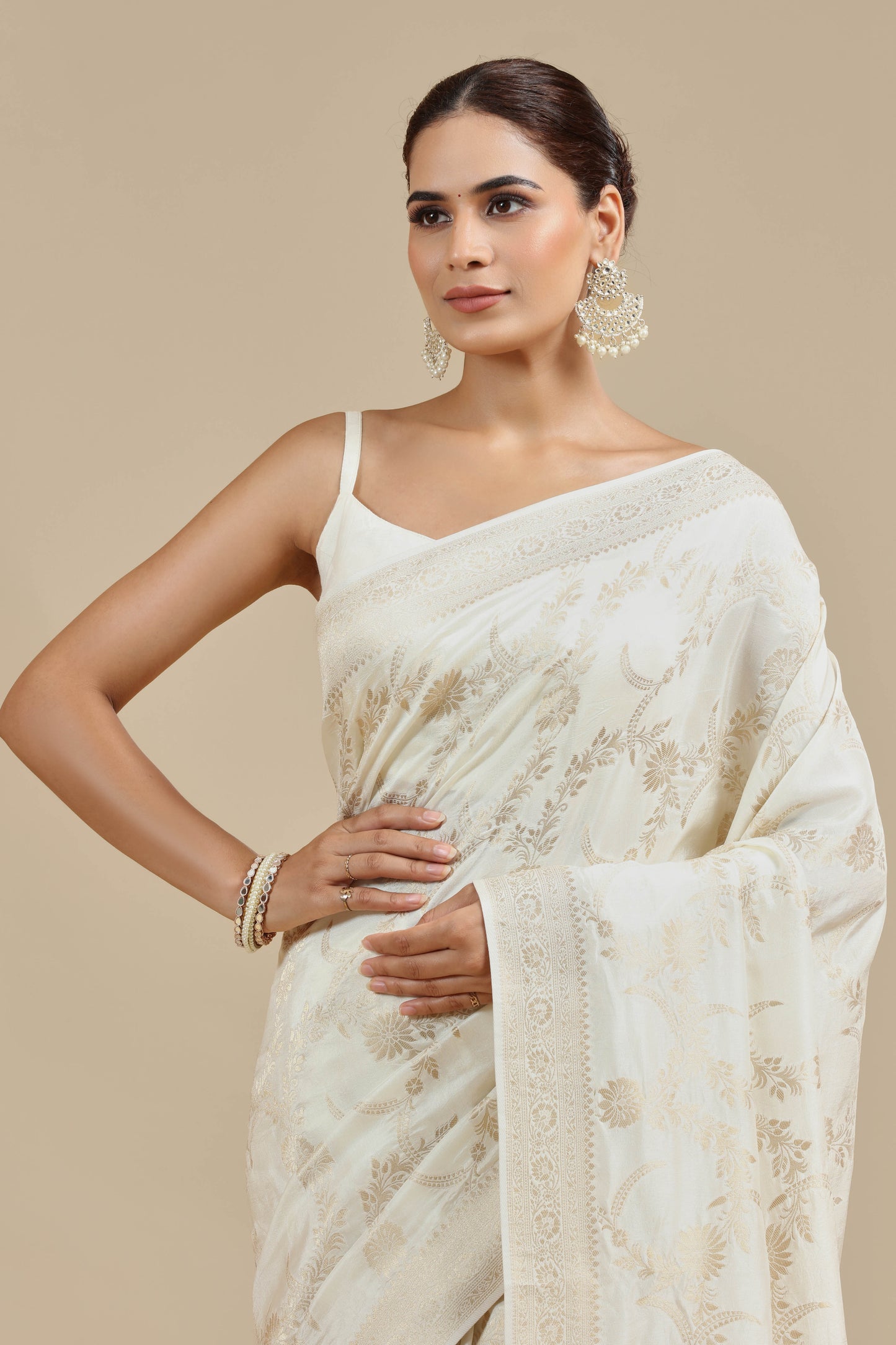 Ivory Dola Silk Saree with Unstitched Blouse