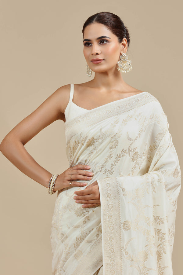 Ivory Dola Silk Saree with Unstitched Blouse