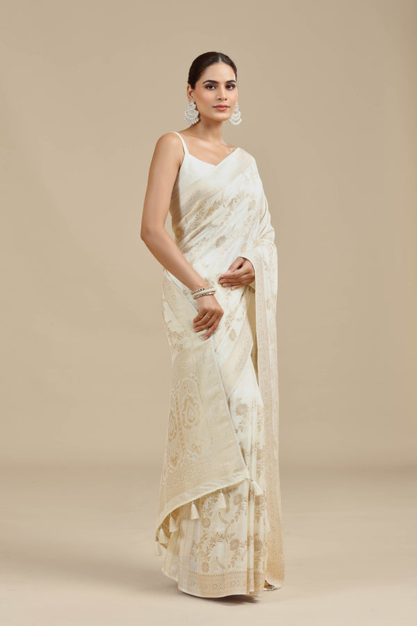 Ivory Dola Silk Saree with Unstitched Blouse