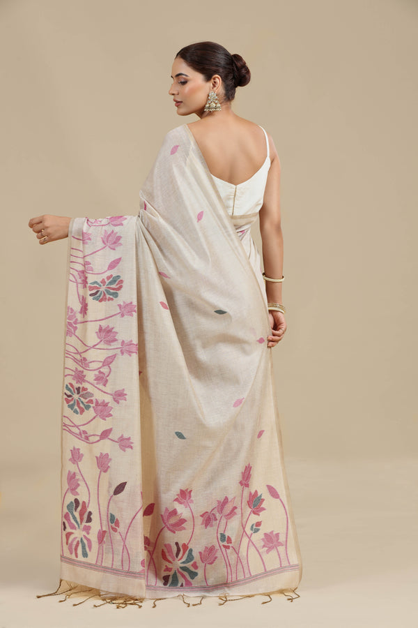 Beige Woven Chanderi Saree with Unstitched Blouse