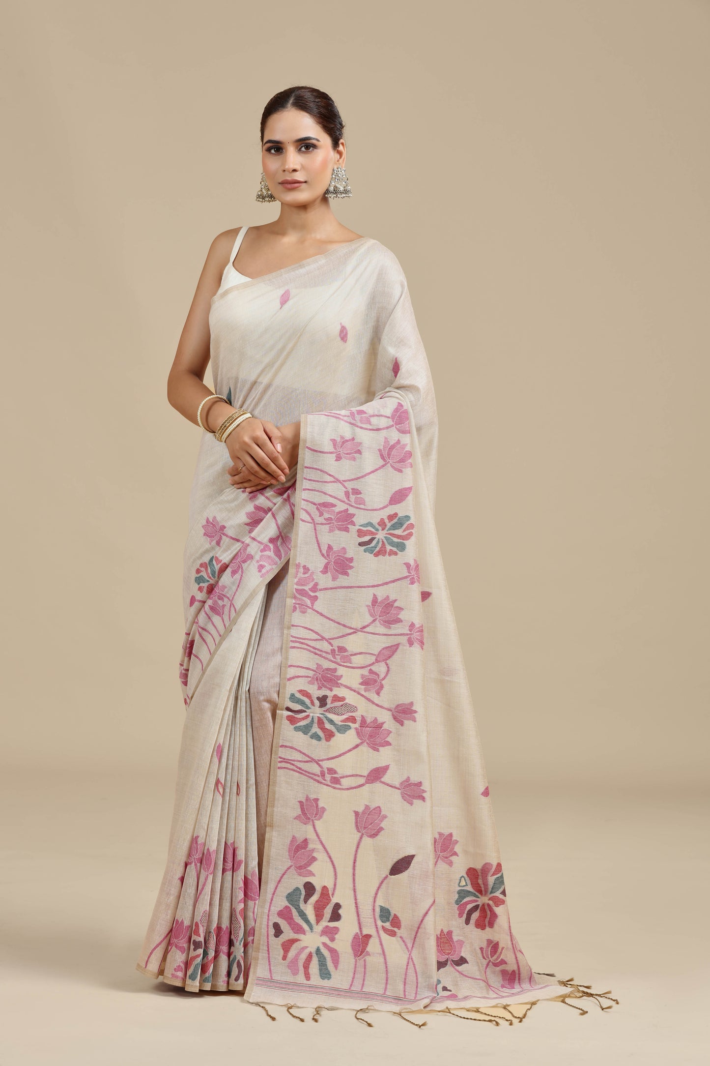 Beige Woven Chanderi Saree with Unstitched Blouse