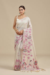Beige Woven Chanderi Saree with Unstitched Blouse