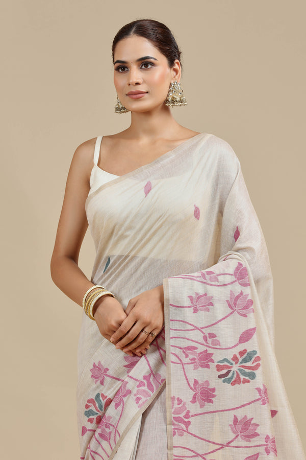 Beige Woven Chanderi Saree with Unstitched Blouse