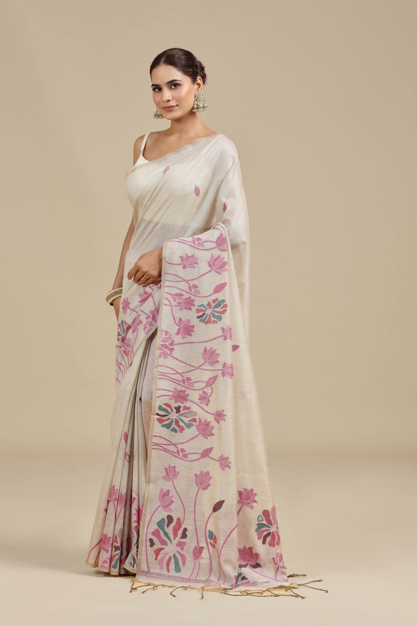 Beige Woven Chanderi Saree with Unstitched Blouse