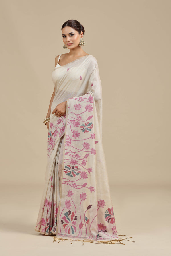 Beige Woven Chanderi Saree with Unstitched Blouse