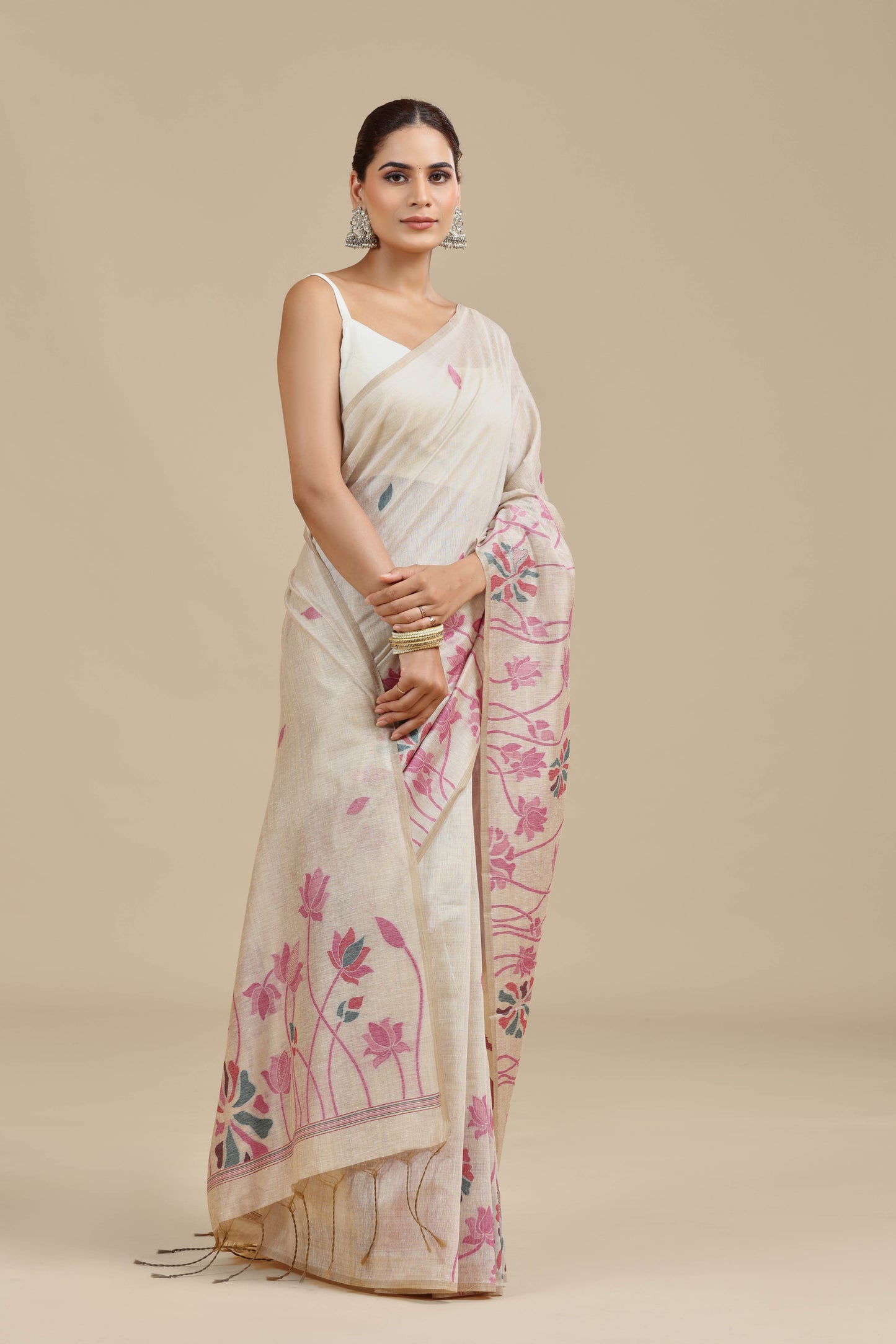 Beige Woven Chanderi Saree with Unstitched Blouse