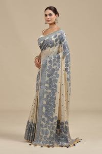 Beige Threadwork Chanderi Saree with Unstitched Blouse