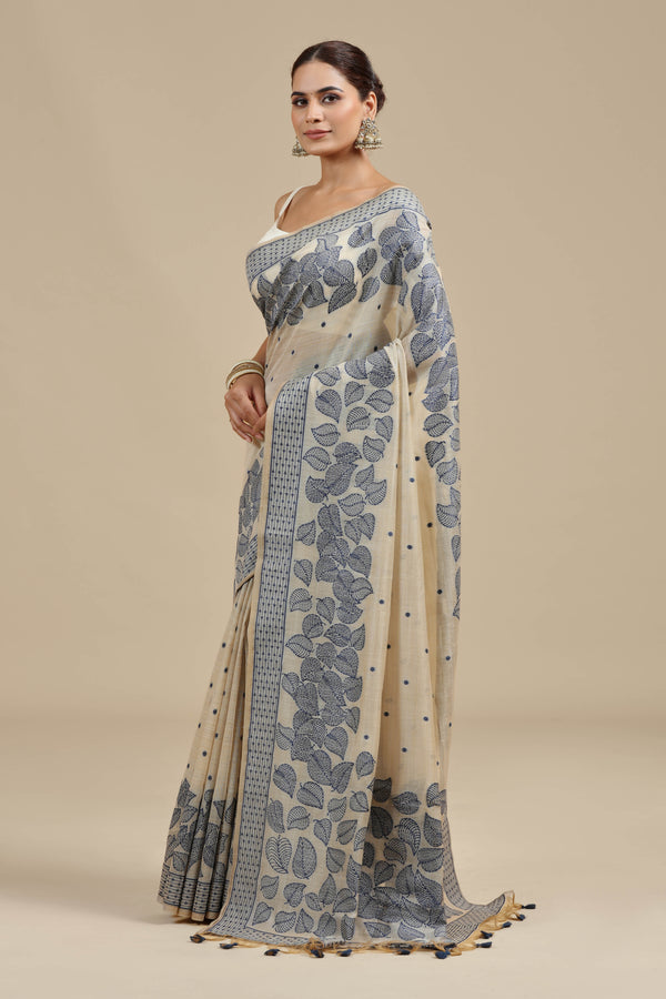 Beige Threadwork Chanderi Saree with Unstitched Blouse