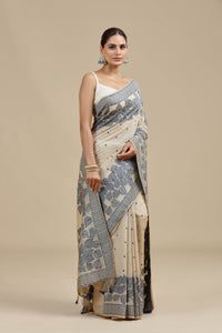 Beige Threadwork Chanderi Saree with Unstitched Blouse