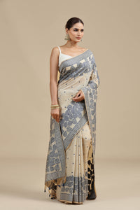 Beige Threadwork Chanderi Saree with Unstitched Blouse