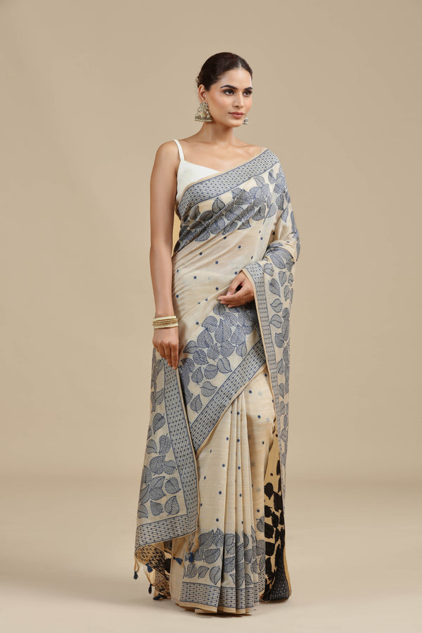 Beige Threadwork Chanderi Saree with Unstitched Blouse
