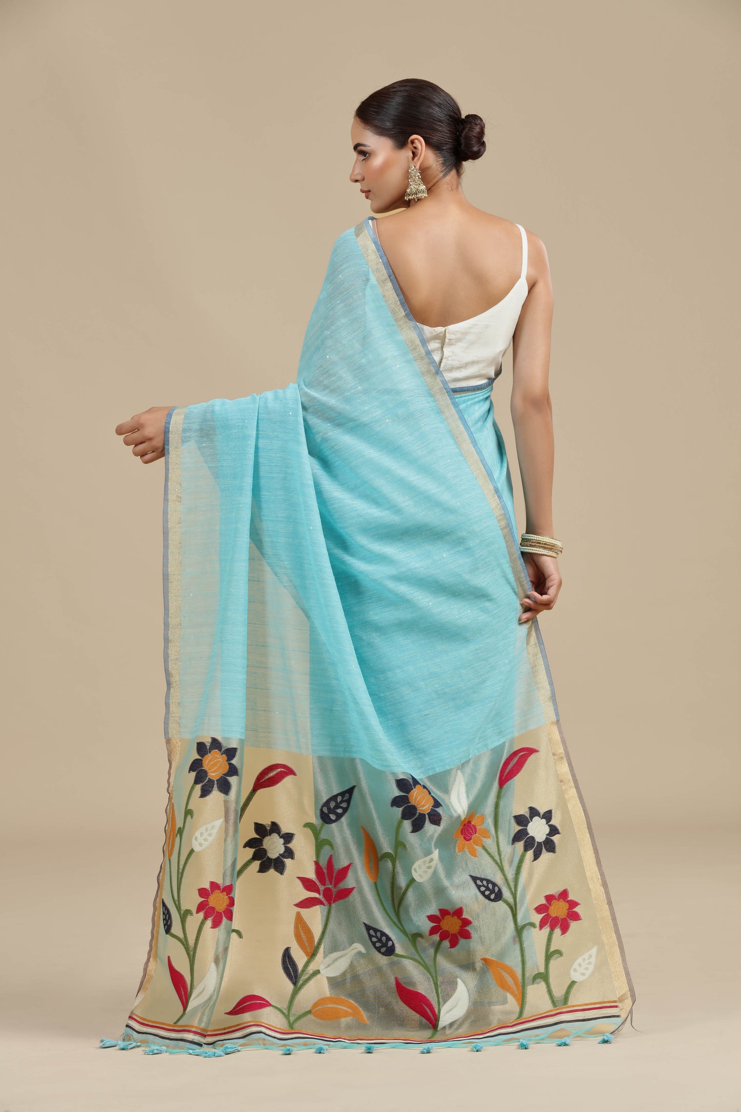 Blue Threadwork Cotton Saree with Unstitched Blouse