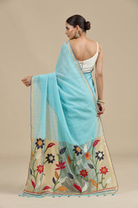 Blue Threadwork Cotton Saree with Unstitched Blouse