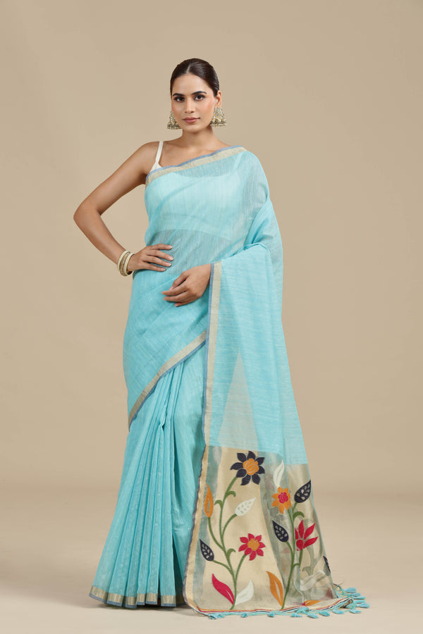 Blue Threadwork Cotton Saree with Unstitched Blouse