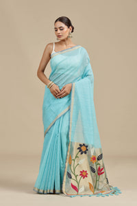 Blue Threadwork Cotton Saree with Unstitched Blouse