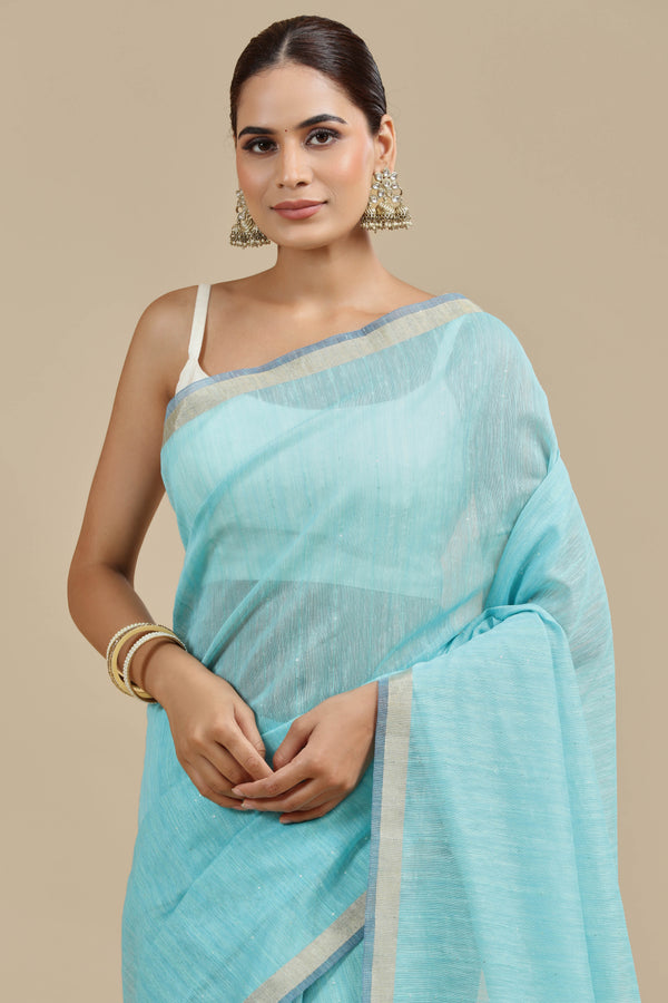 Blue Threadwork Cotton Saree with Unstitched Blouse
