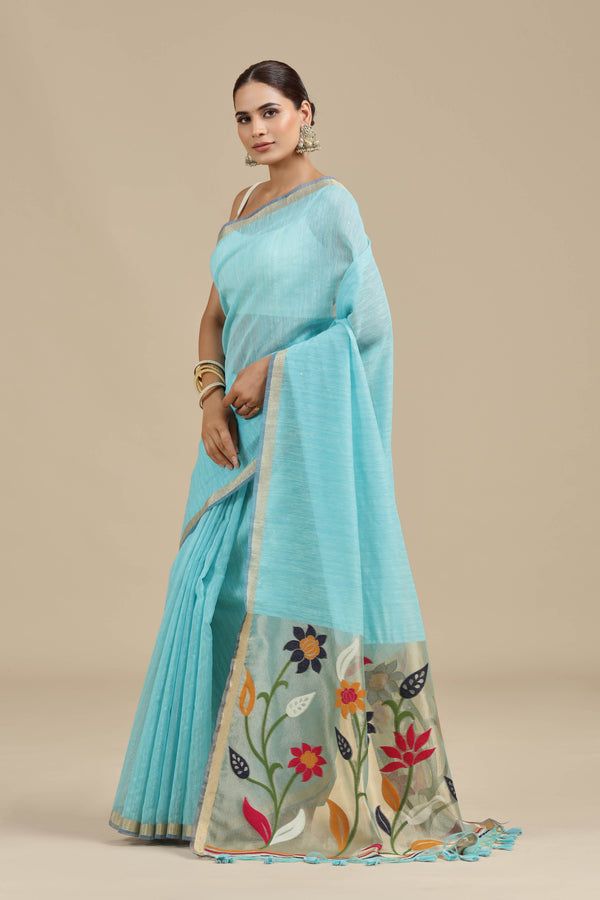 Blue Threadwork Cotton Saree with Unstitched Blouse