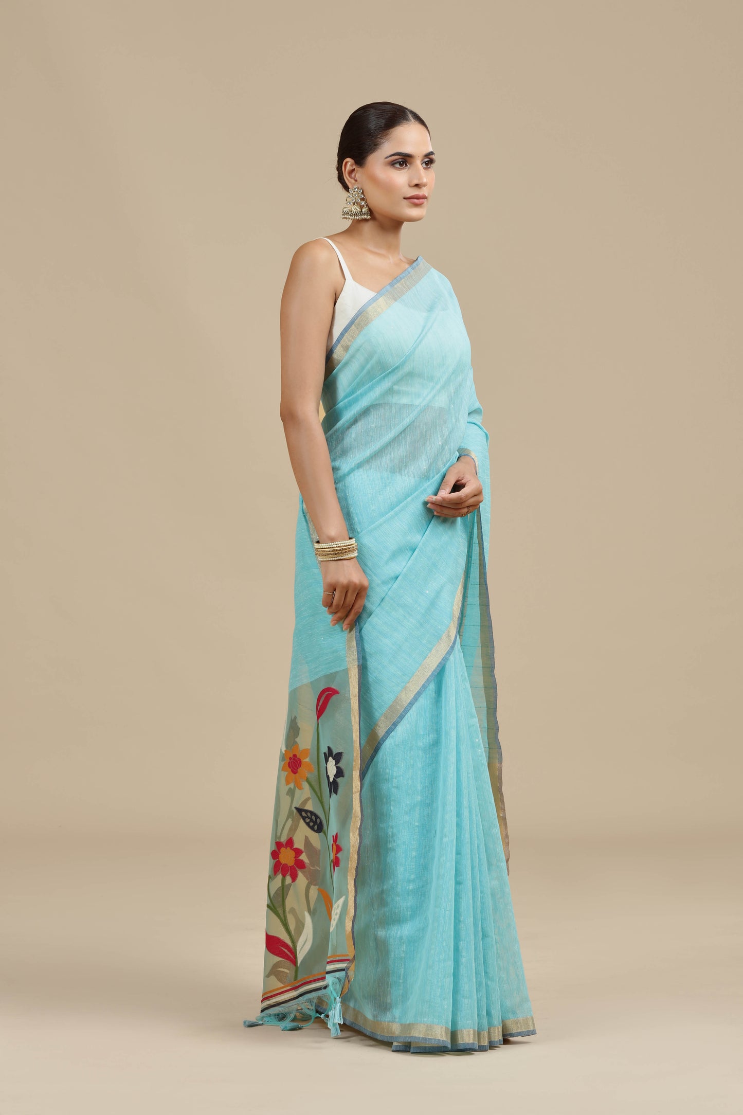 Blue Threadwork Cotton Saree with Unstitched Blouse