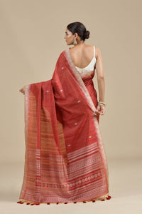 Brick Red Resham Woven Chanderi Saree with Unstitched Blouse
