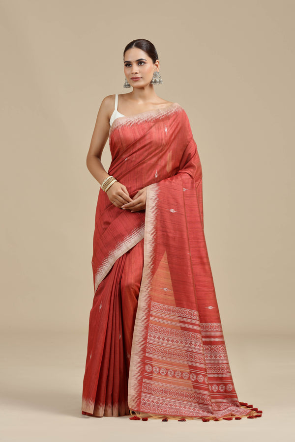 Brick Red Resham Woven Chanderi Saree with Unstitched Blouse