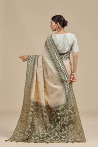 Beige Resham Woven Chanderi Saree with Unstitched Blouse