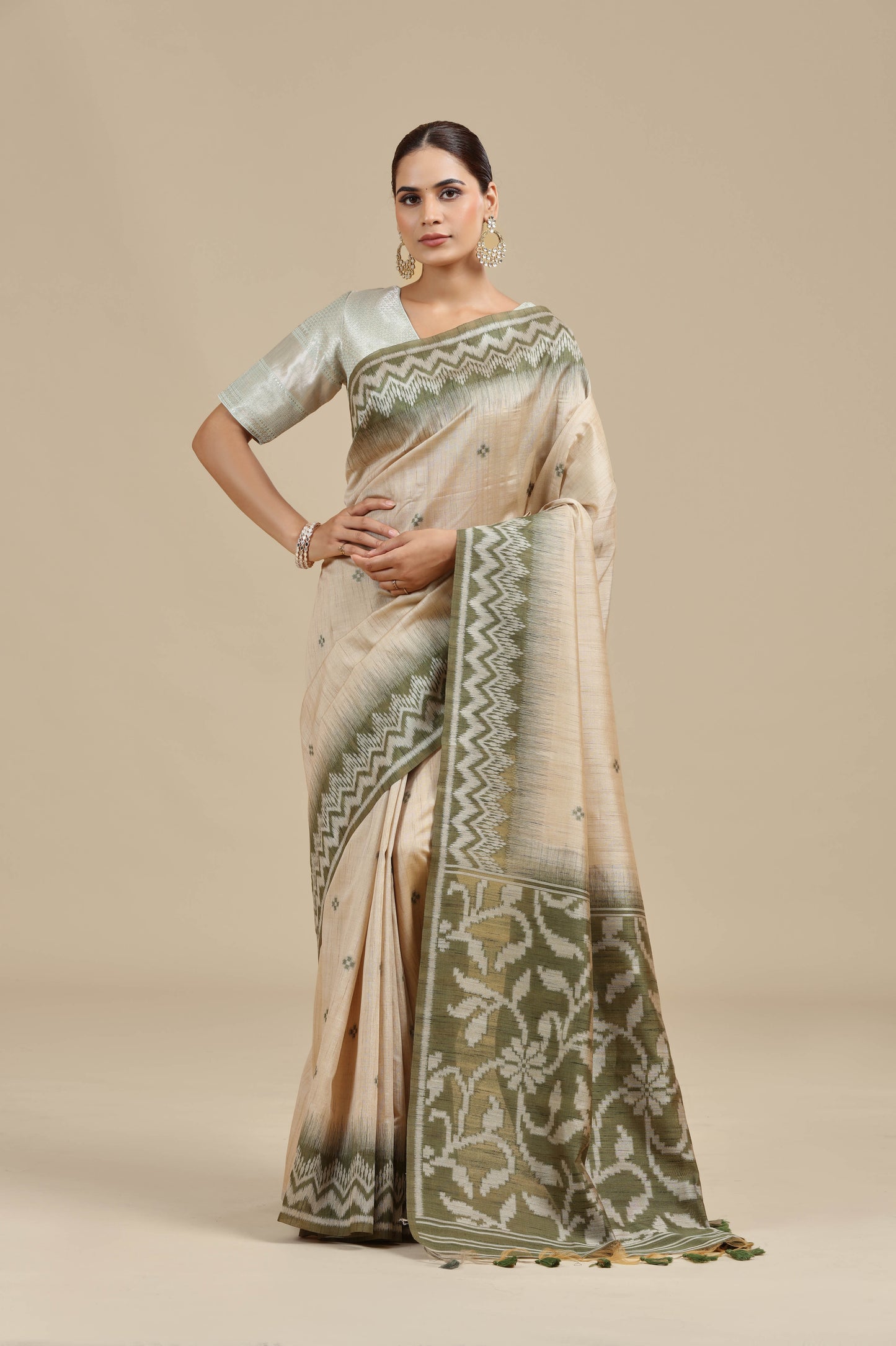 Beige Resham Woven Chanderi Saree with Unstitched Blouse